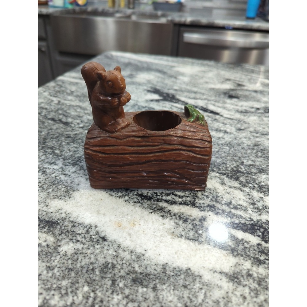 Vintage CHALKWARE Squirrel & Frog On A Log Ashtray Trinket dish Candle Holder ?